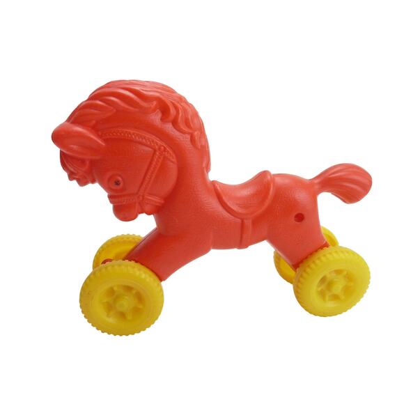 Vintage Red Plastic Toy Horse on Wheels – Retro Pull Toy Baby Room Decor 1960s - Picture 1 of 4